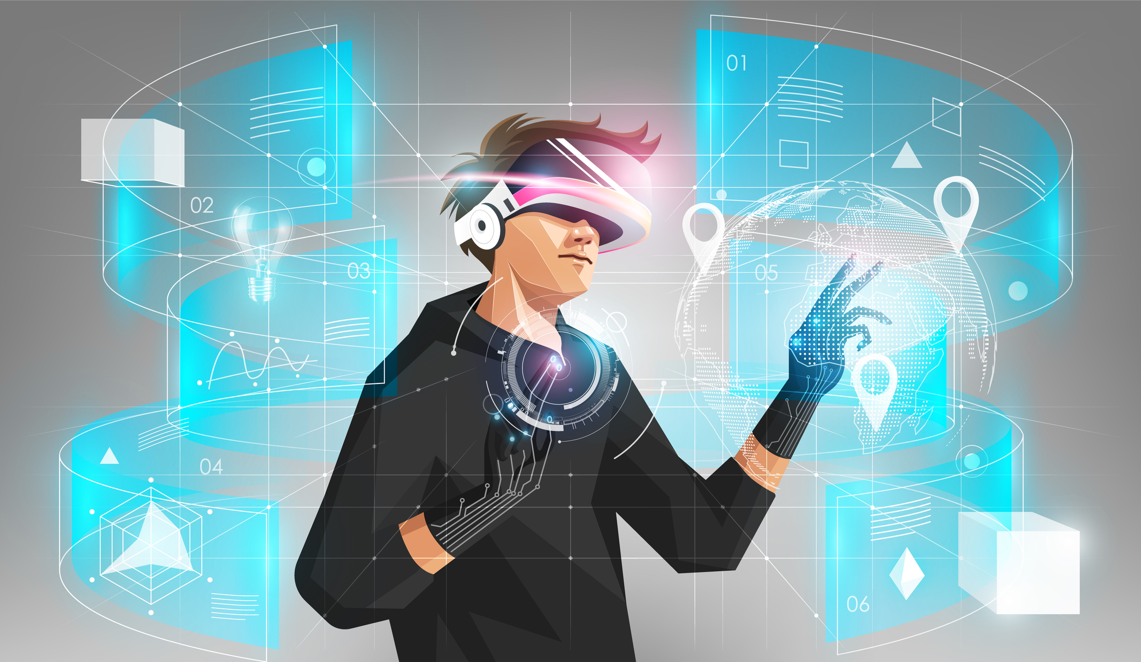 Illustration showing a young person in the metaverse, wearing VR glasses and immersed.