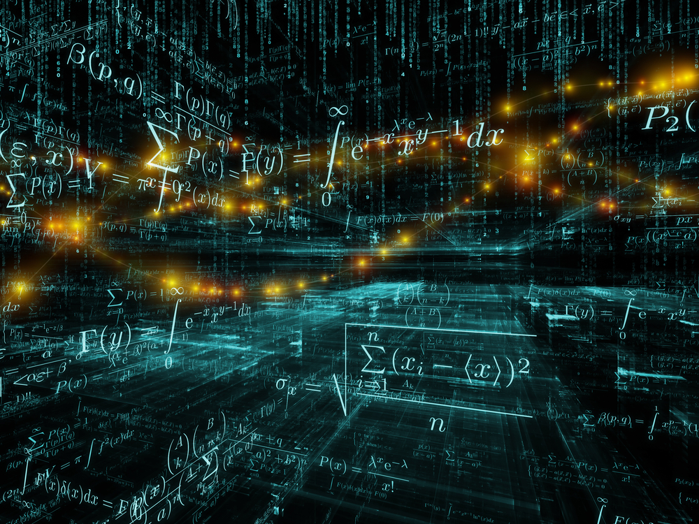 a collage of mathematical and scientific formulae and computing code.