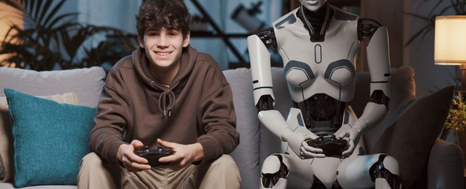 a young person sits on a couch next to a robot/cyborg and both play video games.