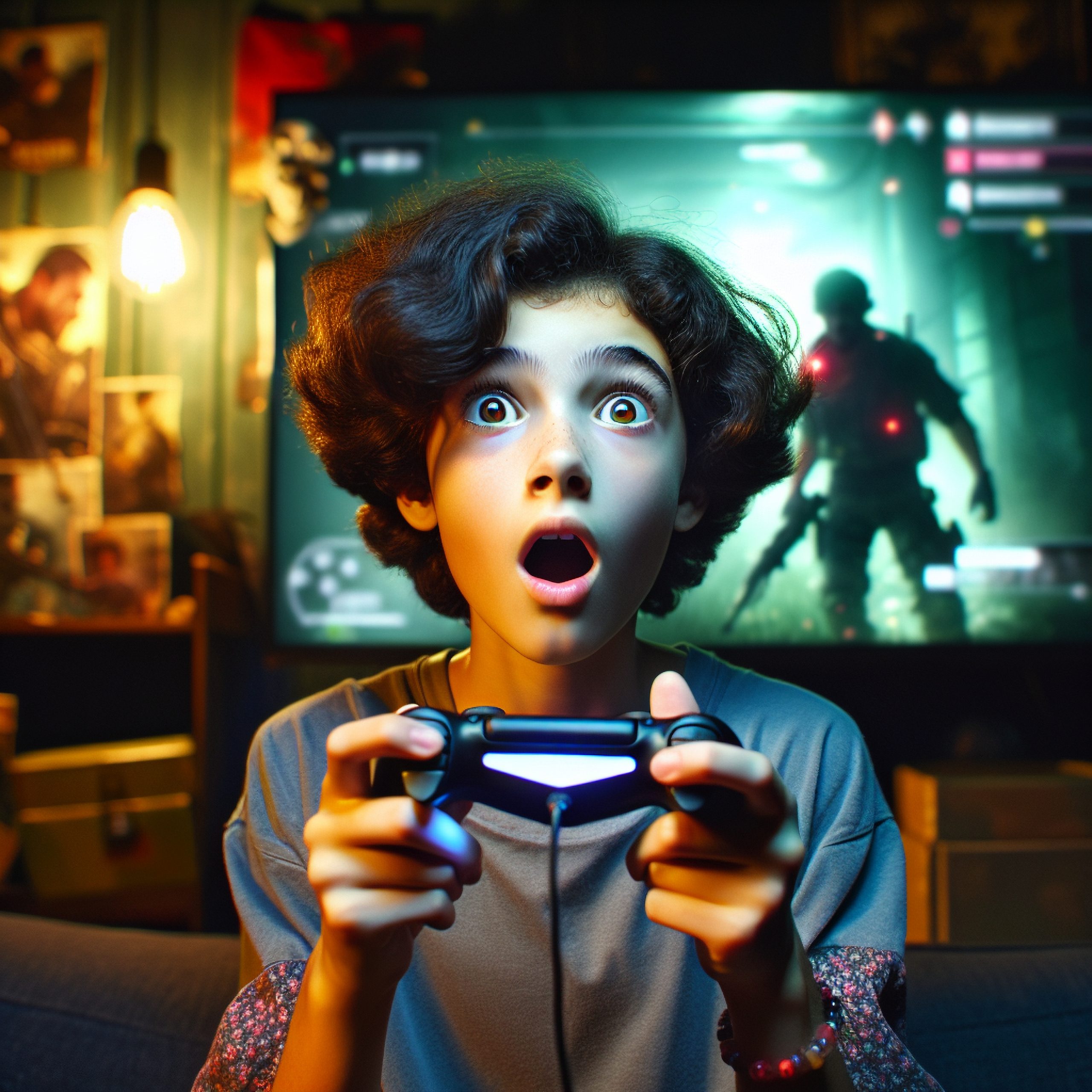 A rendering of a teen person playing a video game, appearing nervous by what is shown on screen.