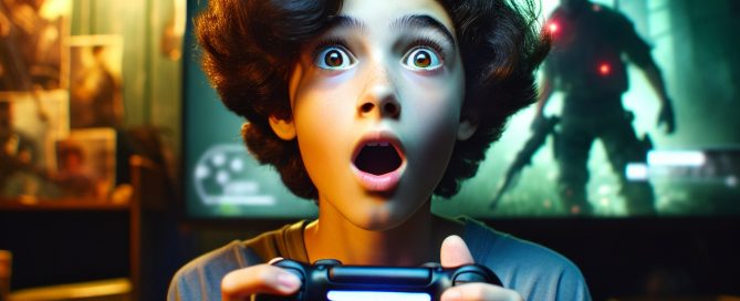 A rendering of a teen person playing a video game, appearing nervous by what is shown on screen.