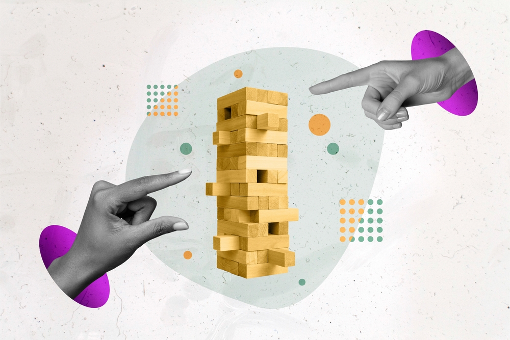 Two hands pointing index fingers at a Jenga wood block balancing game. Illustration.