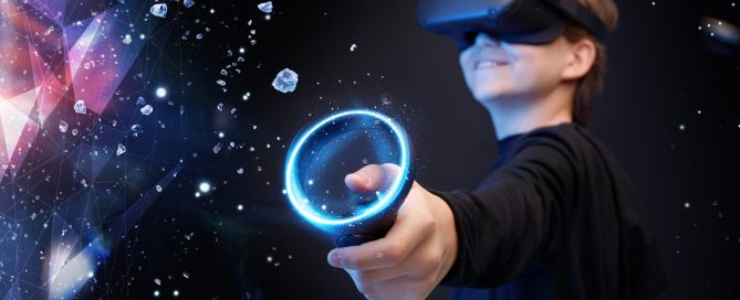 Young person wearing metaverse VR goggles and using a handheld device, the background implies the person is visiting an outer space world.