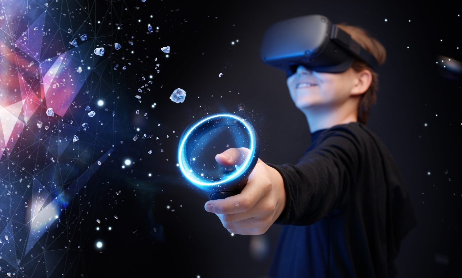 Young person wearing metaverse VR goggles and using a handheld device, the background implies the person is visiting an outer space world.